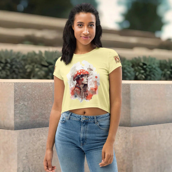 "Vibrant Amanita cropped t-shirt echoing Yakut spirituality"